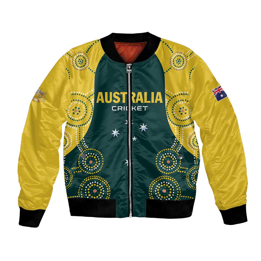 Green and yellow cricket bomber jacket with full-zip, ribbed cuffs, and Australia emblem