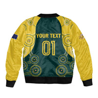 Back of green and yellow bomber jacket with 'YOUR TEXT', number 01, and cricket emblems
