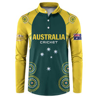 Australia Cricket button polo sweatshirt, green body with yellow raglan sleeves