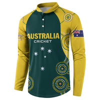 Australia Cricket button polo sweatshirt, green front with yellow raglan sleeves and flag