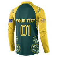 Custom text and number 01 back of green button polo sweatshirt with yellow raglan sleeves