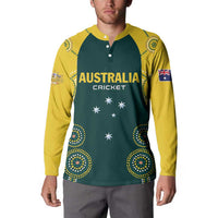 Australia Cricket button polo sweatshirt on model, green body with yellow raglan sleeves