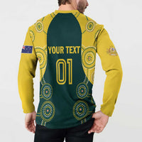 Custom back graphic with “YOUR TEXT” and number 01 on green button polo sweatshirt