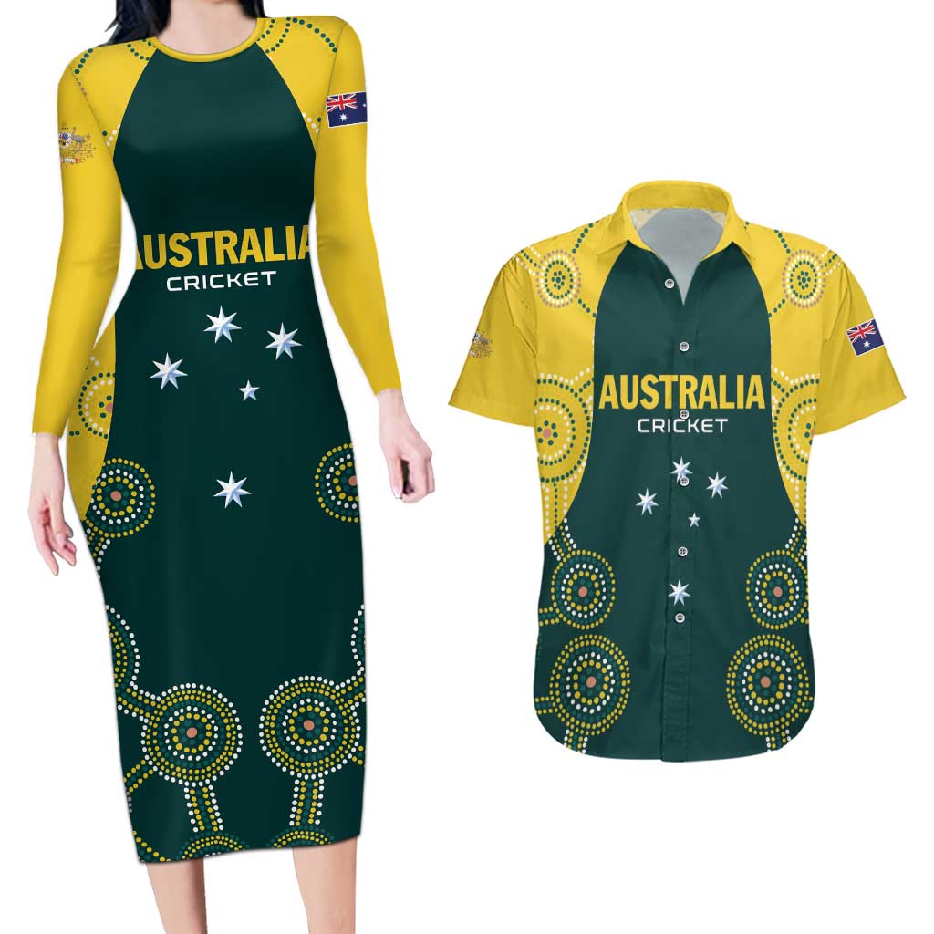 Custom Australia Cricket Couples Matching Long Sleeve Bodycon Dress and Hawaiian Shirt Aussies Champions - Wonder Print Shop