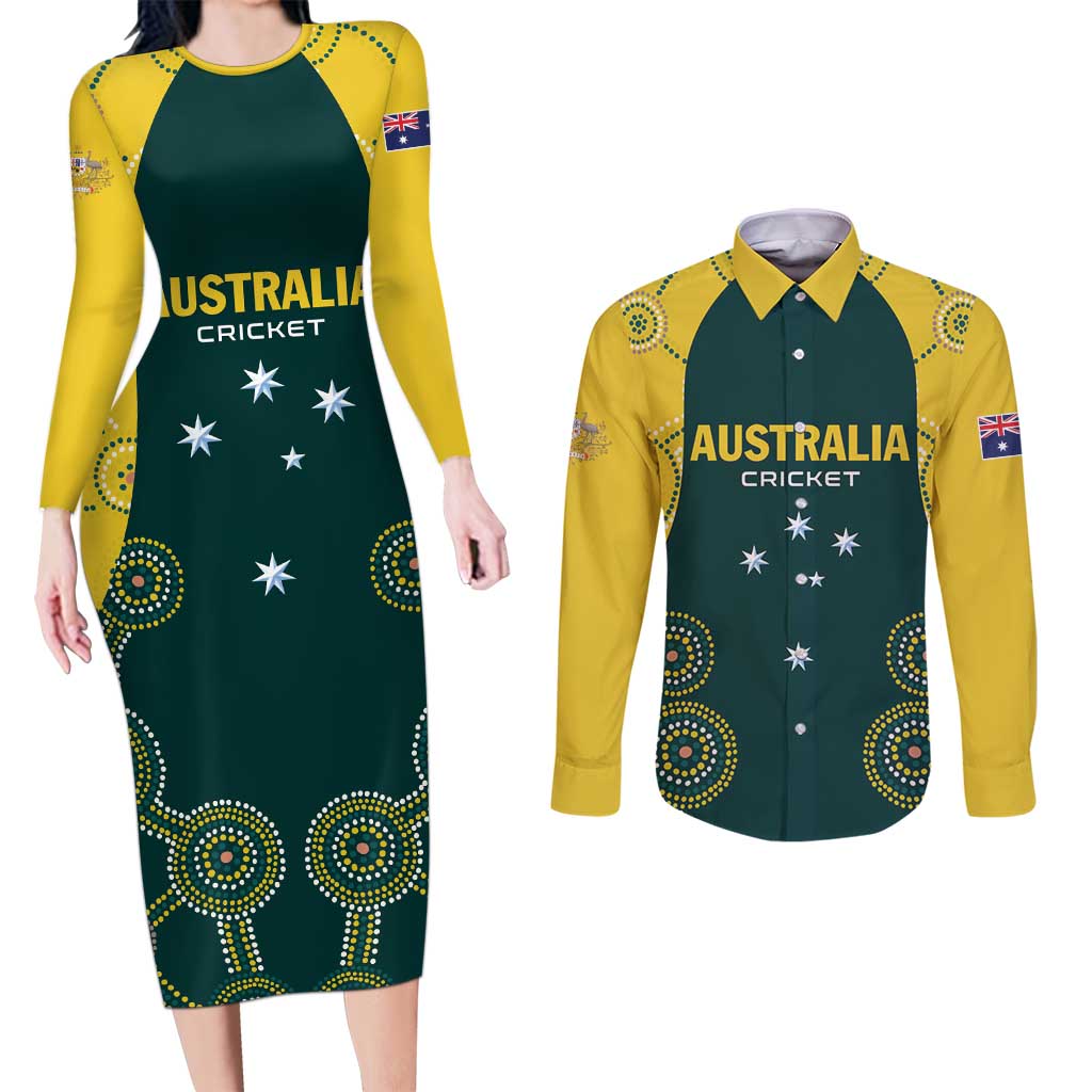 Custom Australia Cricket Couples Matching Long Sleeve Bodycon Dress and Long Sleeve Button Shirt Aussies Champions - Wonder Print Shop