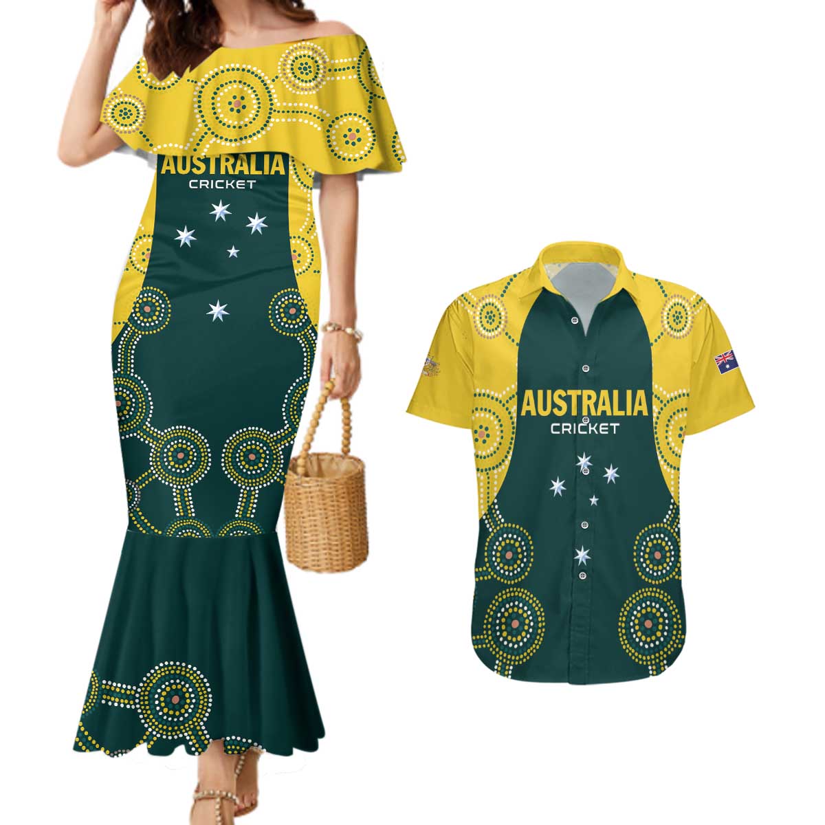 Custom Australia Cricket Couples Matching Mermaid Dress and Hawaiian Shirt Aussies Champions - Wonder Print Shop