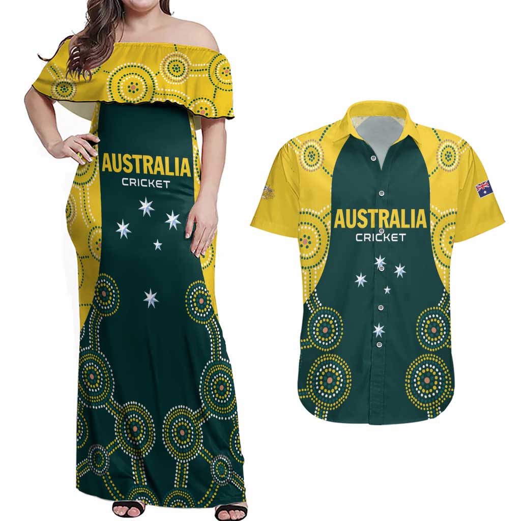 Custom Australia Cricket Couples Matching Off Shoulder Maxi Dress and Hawaiian Shirt Aussies Champions - Wonder Print Shop