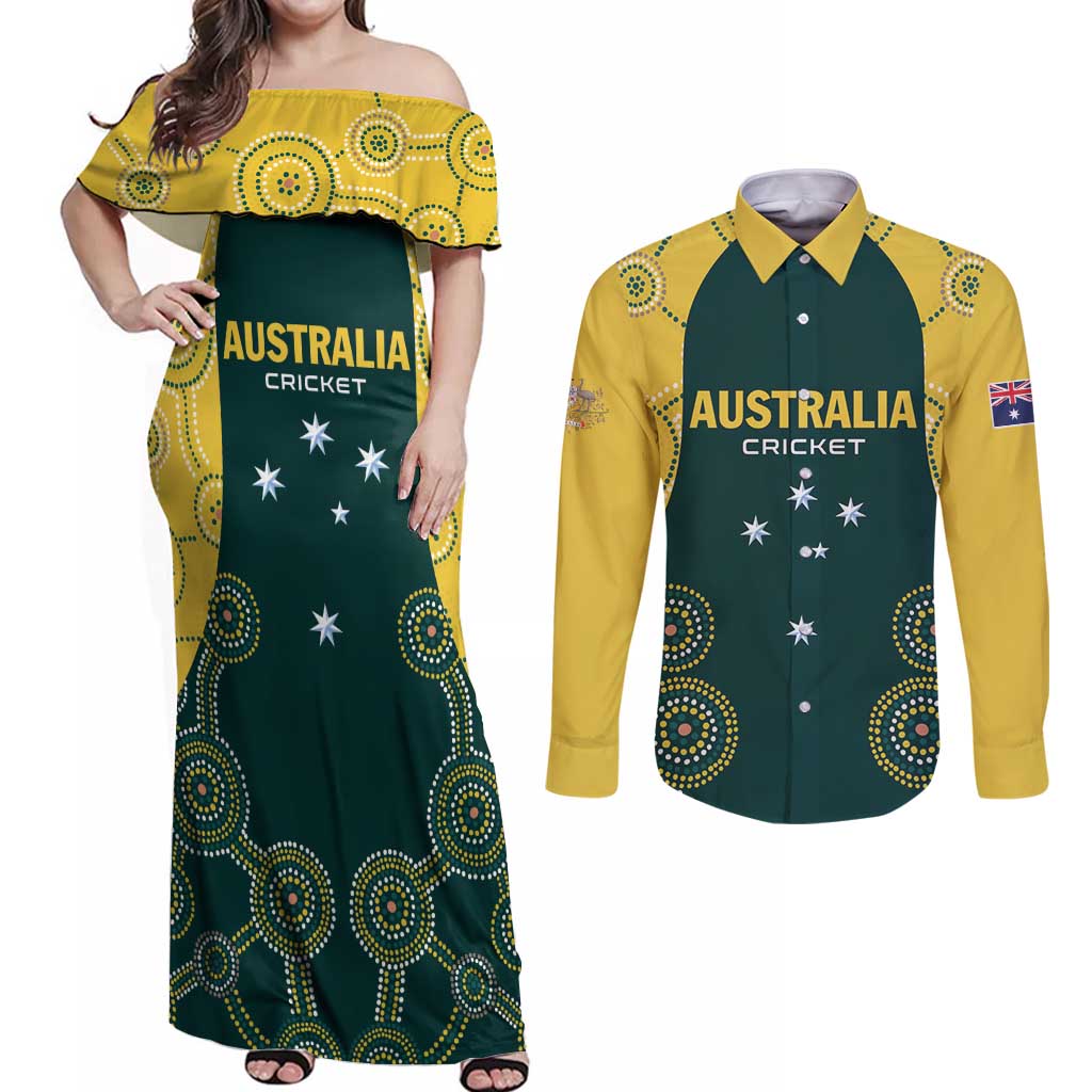 Custom Australia Cricket Couples Matching Off Shoulder Maxi Dress and Long Sleeve Button Shirt Aussies Champions - Wonder Print Shop