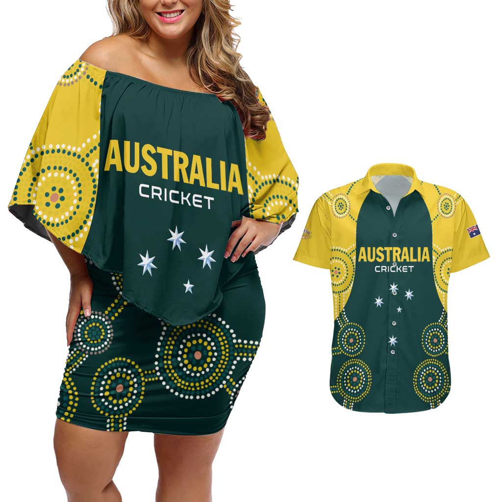 Custom Australia Cricket Couples Matching Off Shoulder Short Dress and Hawaiian Shirt Aussies Champions - Wonder Print Shop