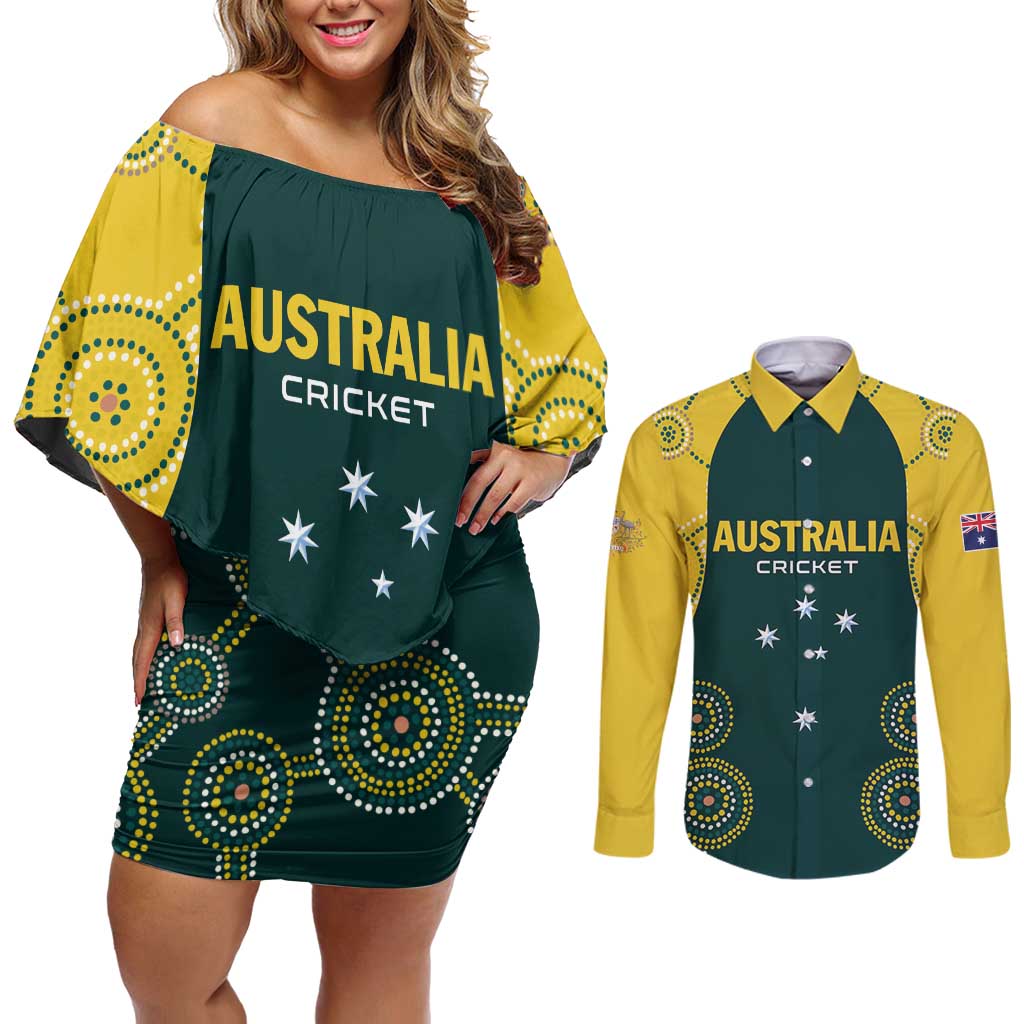 Custom Australia Cricket Couples Matching Off Shoulder Short Dress and Long Sleeve Button Shirt Aussies Champions - Wonder Print Shop