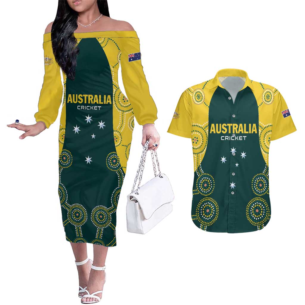 Custom Australia Cricket Couples Matching Off The Shoulder Long Sleeve Dress and Hawaiian Shirt Aussies Champions - Wonder Print Shop