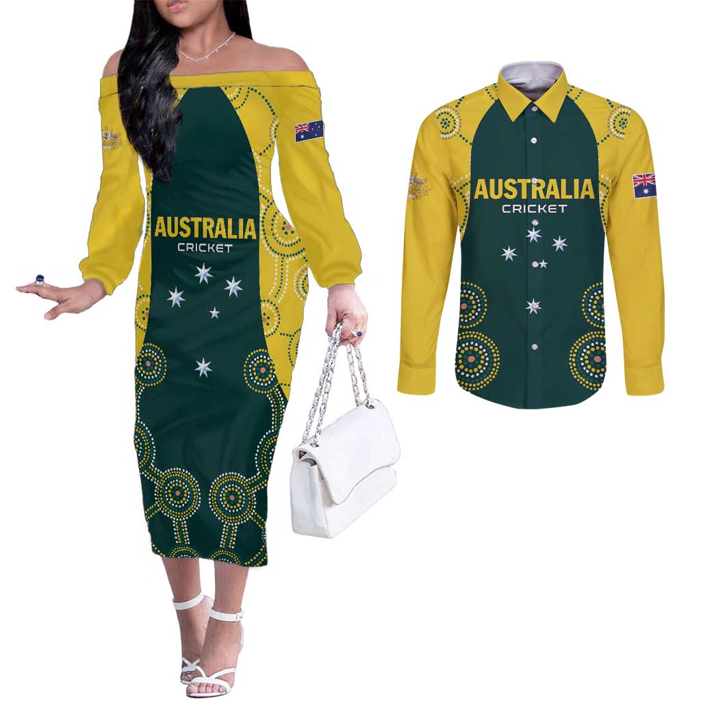 Custom Australia Cricket Couples Matching Off The Shoulder Long Sleeve Dress and Long Sleeve Button Shirt Aussies Champions