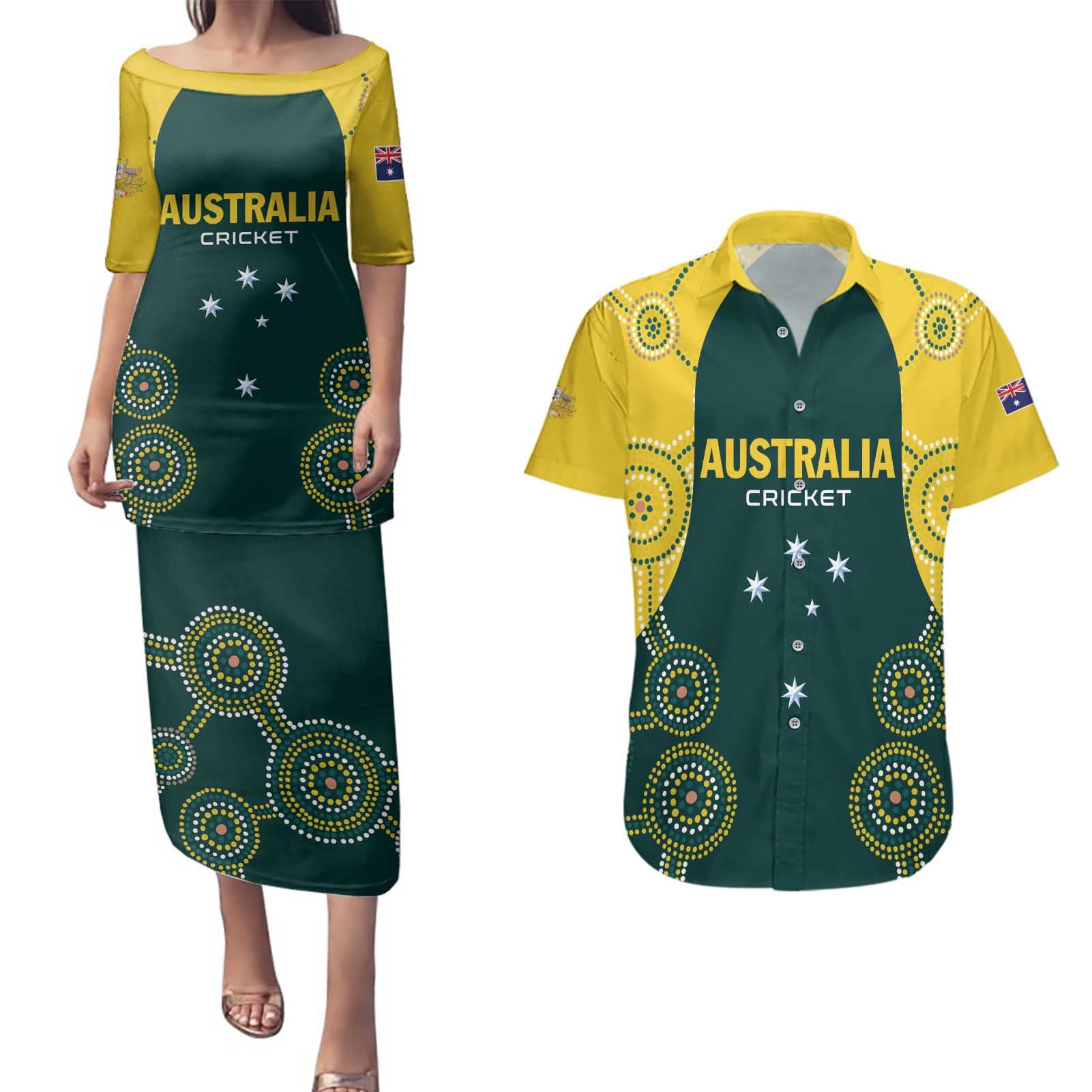 Custom Australia Cricket Couples Matching Puletasi and Hawaiian Shirt Aussies Champions - Wonder Print Shop