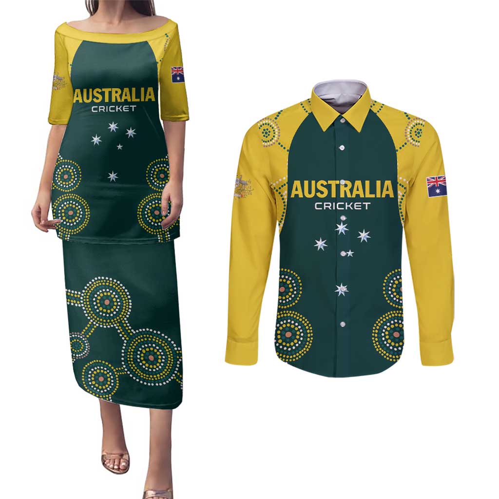 Custom Australia Cricket Couples Matching Puletasi and Long Sleeve Button Shirt Aussies Champions - Wonder Print Shop