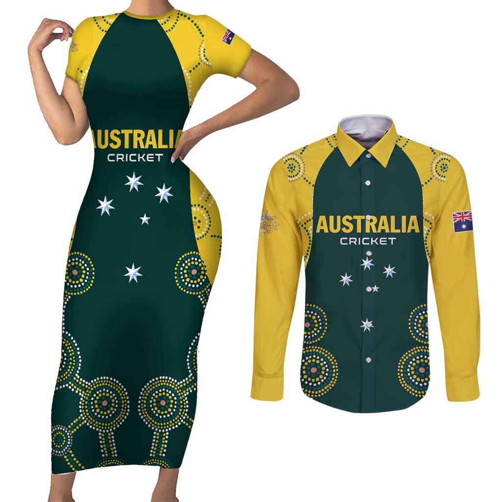 Custom Australia Cricket Couples Matching Short Sleeve Bodycon Dress and Long Sleeve Button Shirt Aussies Champions - Wonder Print Shop