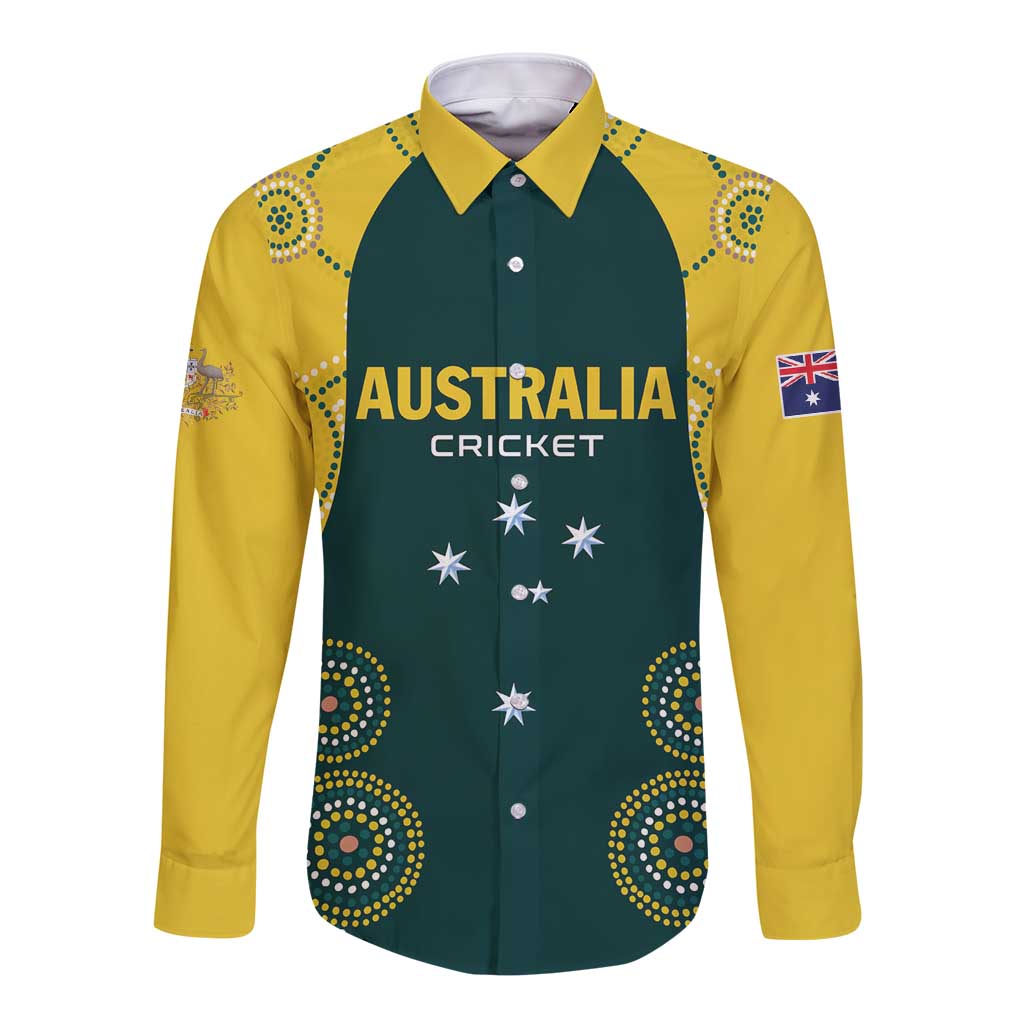 Green long-sleeve button cricket shirt, yellow sleeves, Australia graphic front