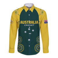 Green long-sleeve button cricket shirt, yellow sleeves, Australia graphic front
