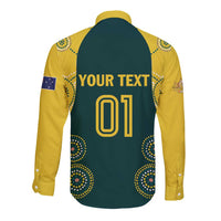 Long-sleeve button cricket shirt, yellow sleeves, back text 01 print