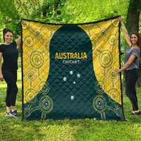 Australia cricket quilt laid out outdoors, dark green panel with yellow patterned borders