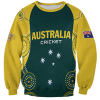 Unisex cricket sweatshirt with green front, yellow sleeves; 'AUSTRALIA CRICKET' stars