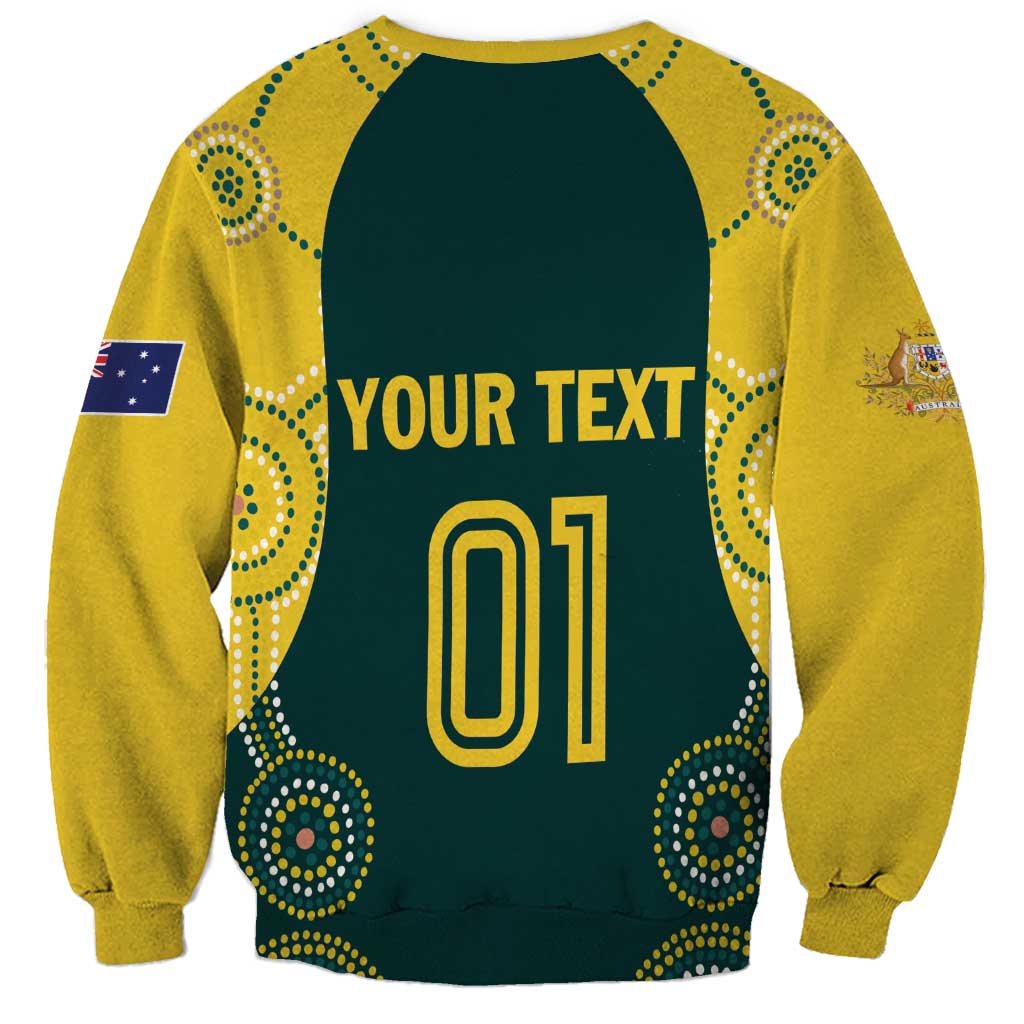 Unisex cricket sweatshirt, dark green front with 'YOUR TEXT' and '01' print; yellow sleeves