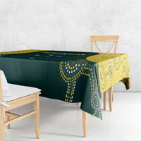 Cricket tablecloth with dark green center panel and yellow dotted pattern along edges