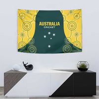 Green and yellow Australia cricket tapestry featuring kangaroo silhouette and star accents