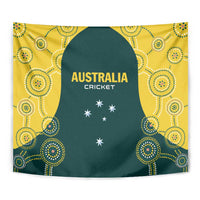 Close-up green and yellow Australia cricket tapestry with kangaroo shape and stars