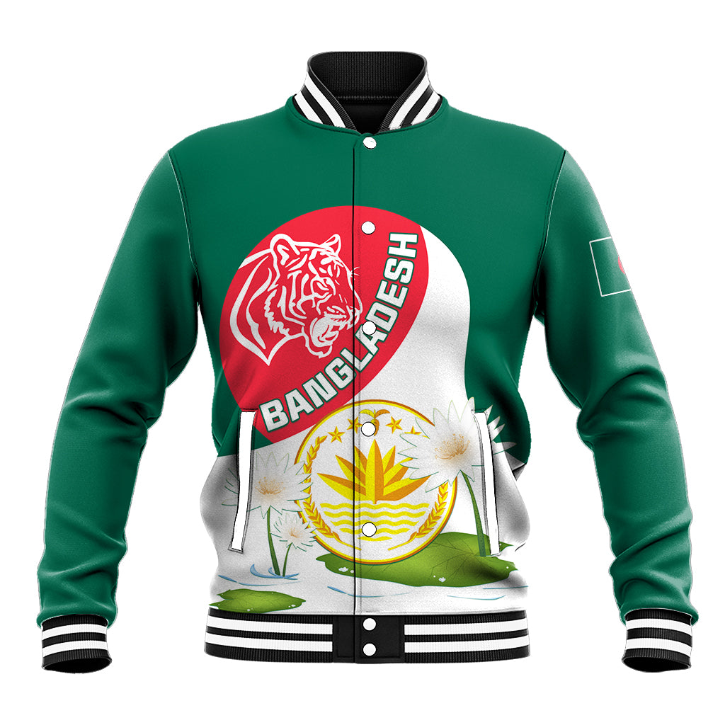 Green varsity baseball jacket with tiger and Bangladesh graphic, striped collar and cuffs