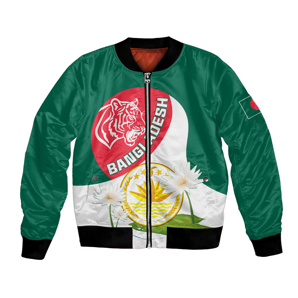 Green bomber jacket with front zipper, tiger graphic and water lily patch
