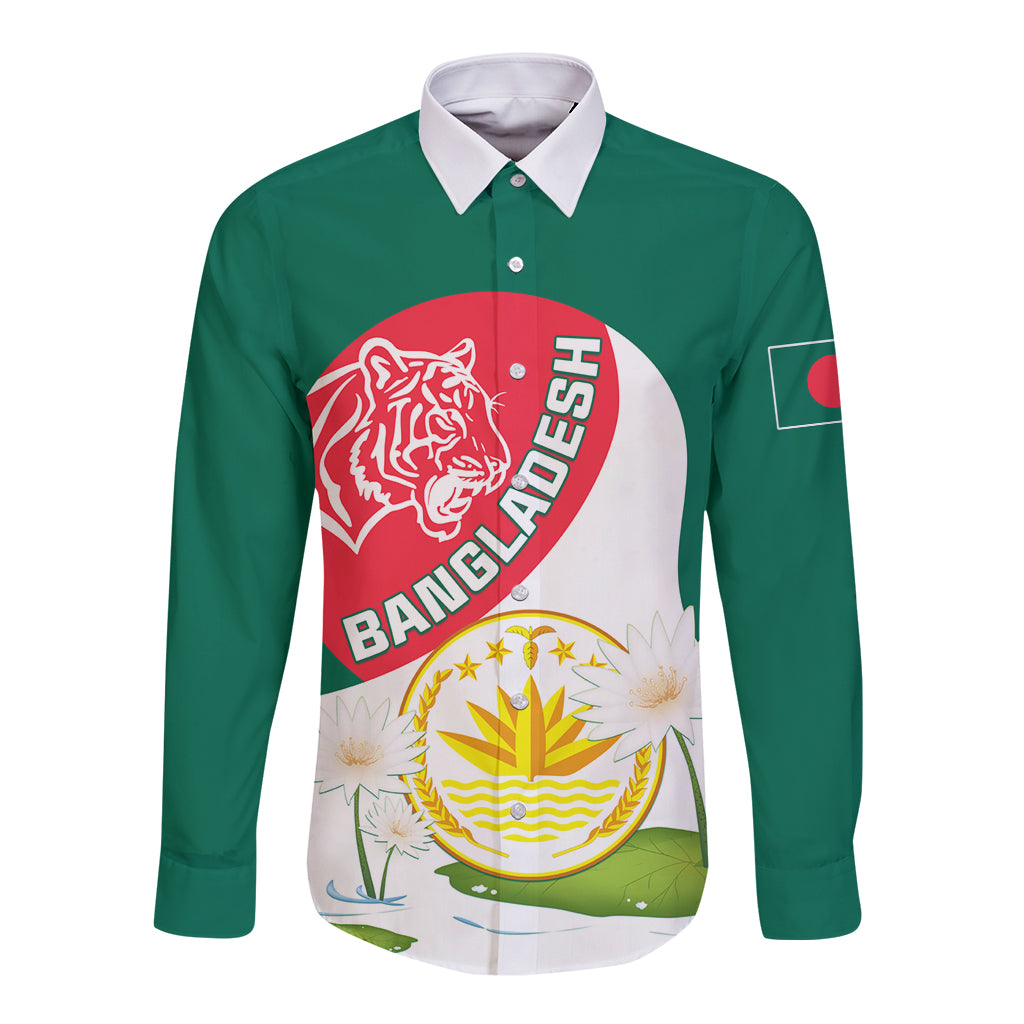 Green long-sleeve button shirt with red tiger graphic, Bangladesh badge, and water lily print