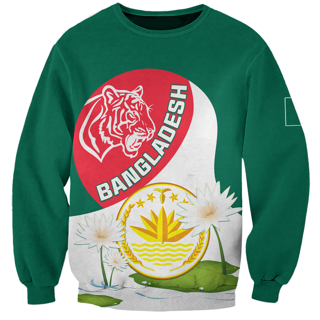 Green unisex sweatshirt with red tiger logo, Bangla text, and water lily graphic