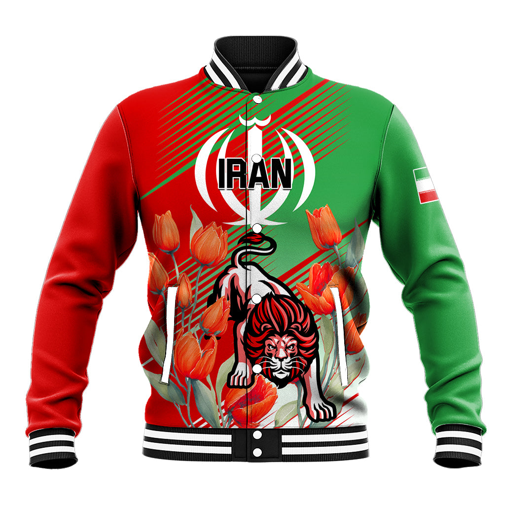 Unisex baseball jacket with red green tulip lion graphic, striped collar and snap front