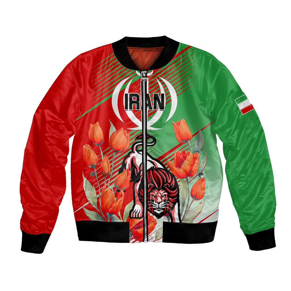Red and green bomber jacket with black ribbed collar, front zipper, lion and tulip print