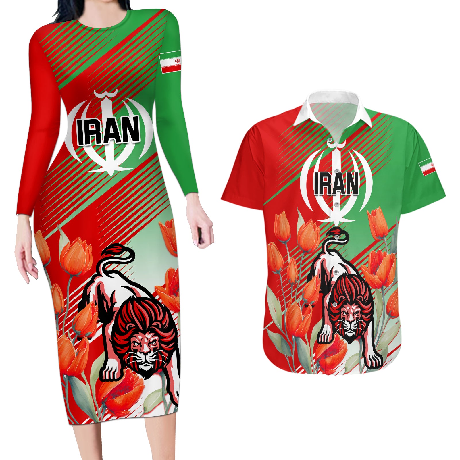 Iran Republic Day Couples Matching Long Sleeve Bodycon Dress and Hawaiian Shirt Asiatic Lion With Tulip Flower - Wonder Print Shop