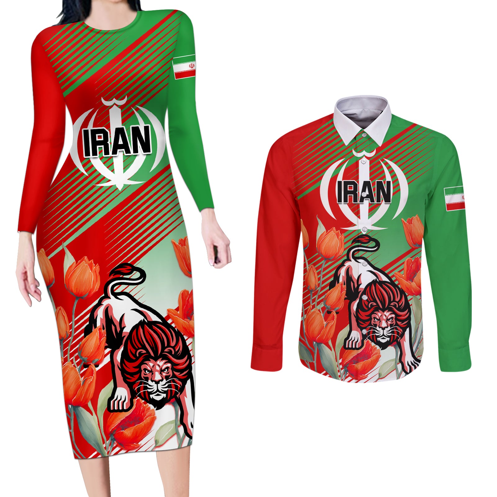 Iran Republic Day Couples Matching Long Sleeve Bodycon Dress and Long Sleeve Button Shirt Asiatic Lion With Tulip Flower - Wonder Print Shop