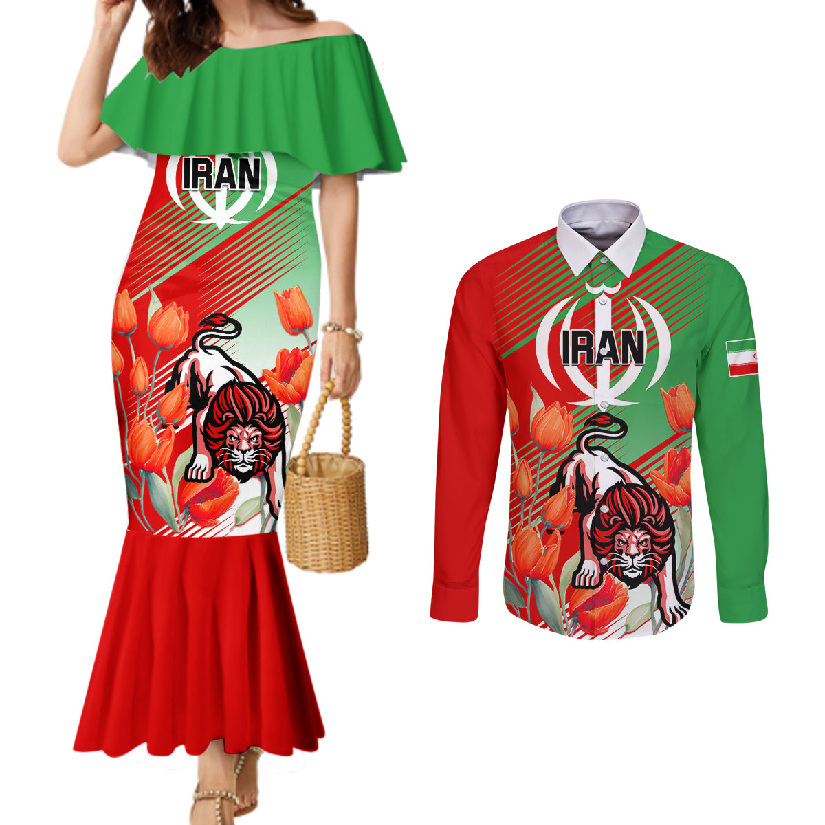 Iran Republic Day Couples Matching Mermaid Dress and Long Sleeve Button Shirt Asiatic Lion With Tulip Flower