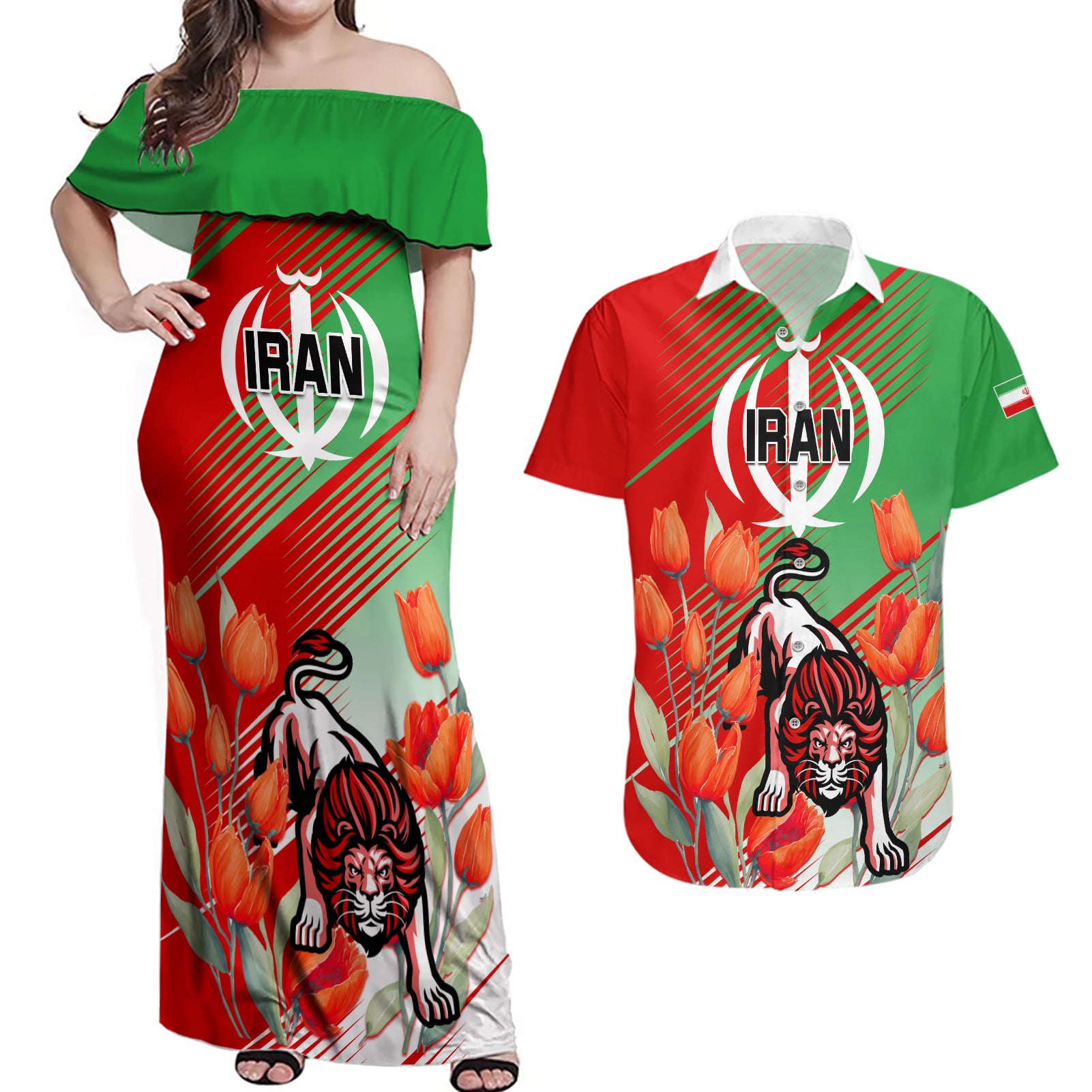 Iran Republic Day Couples Matching Off Shoulder Maxi Dress and Hawaiian Shirt Asiatic Lion With Tulip Flower - Wonder Print Shop