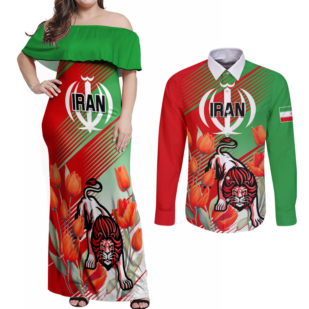 Iran Republic Day Couples Matching Off Shoulder Maxi Dress and Long Sleeve Button Shirt Asiatic Lion With Tulip Flower - Wonder Print Shop