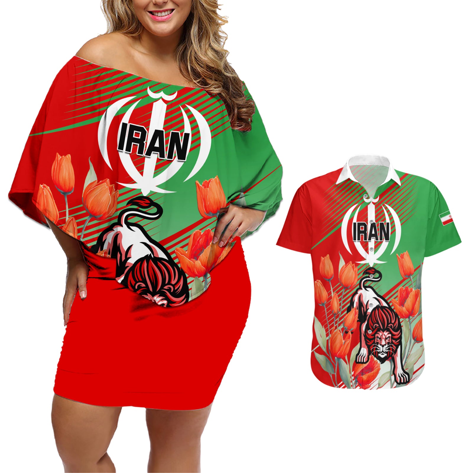 Iran Republic Day Couples Matching Off Shoulder Short Dress and Hawaiian Shirt Asiatic Lion With Tulip Flower - Wonder Print Shop