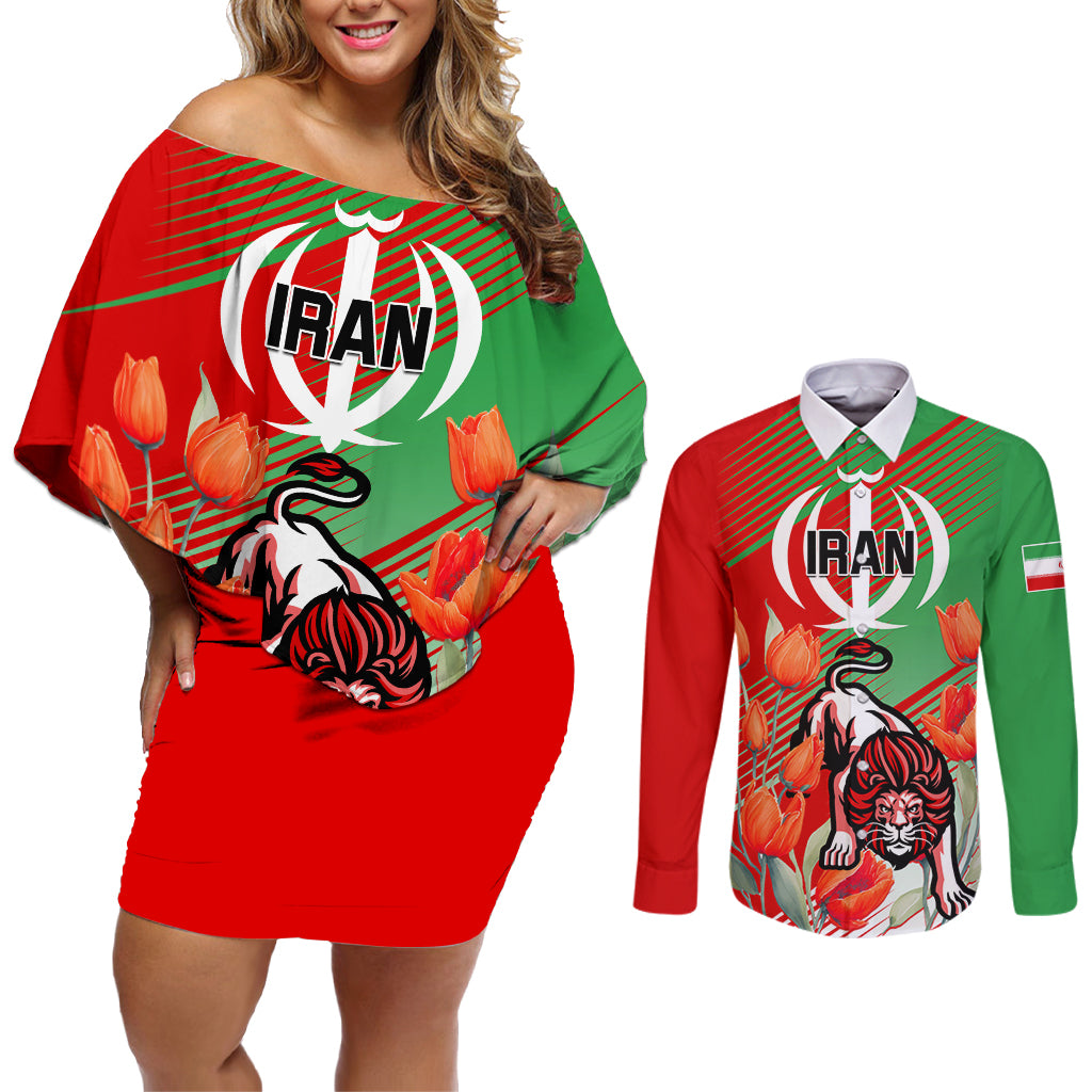 Iran Republic Day Couples Matching Off Shoulder Short Dress and Long Sleeve Button Shirt Asiatic Lion With Tulip Flower - Wonder Print Shop