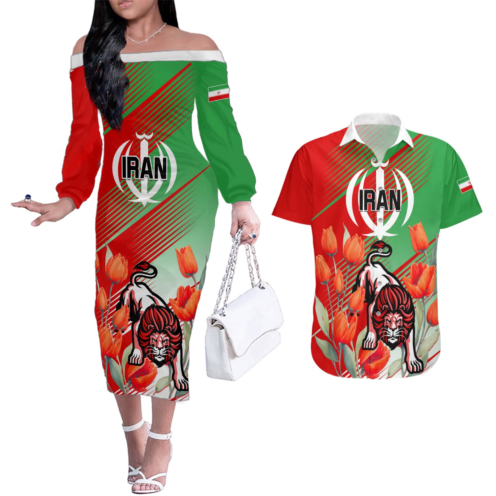 Iran Republic Day Couples Matching Off The Shoulder Long Sleeve Dress and Hawaiian Shirt Asiatic Lion With Tulip Flower - Wonder Print Shop