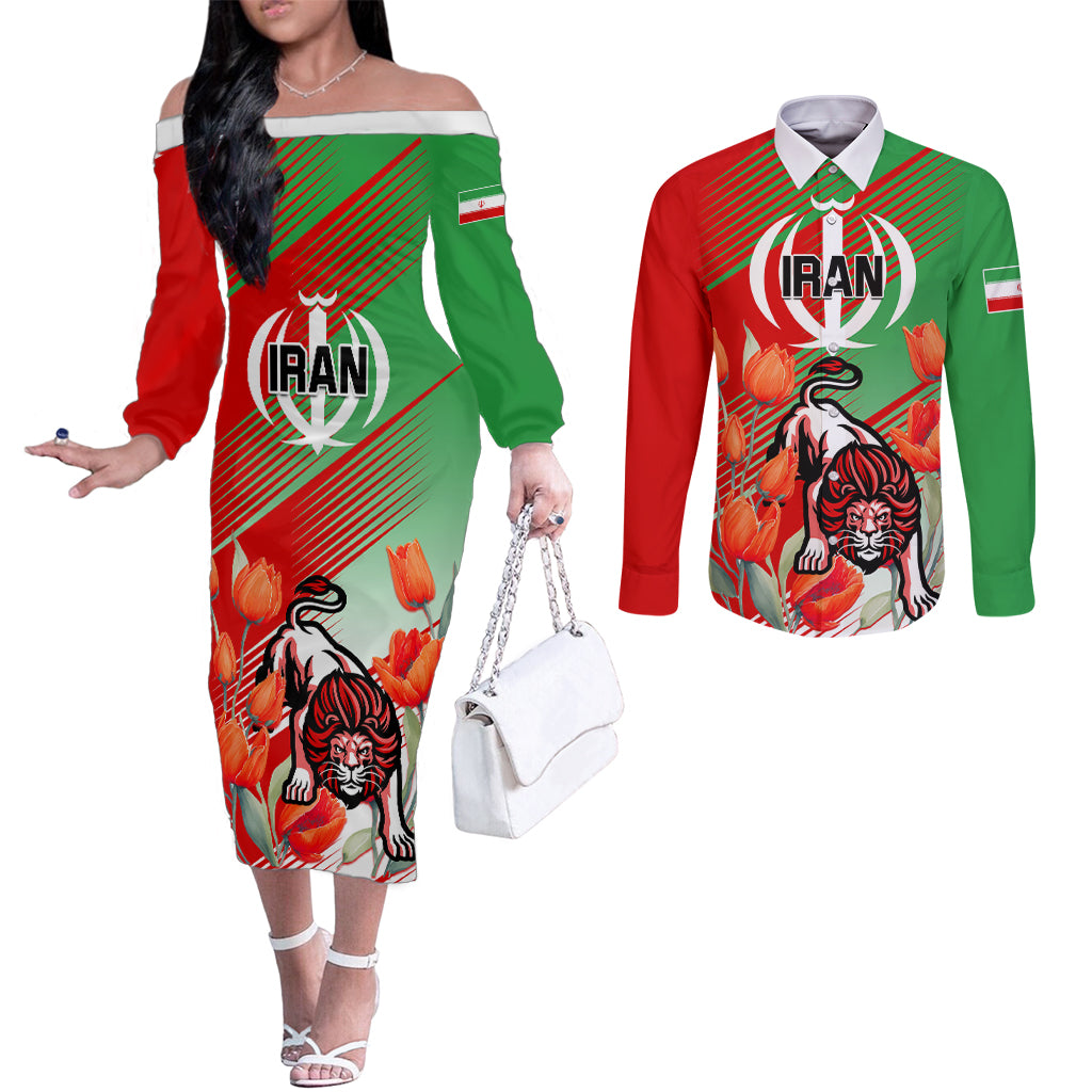 Iran Republic Day Couples Matching Off The Shoulder Long Sleeve Dress and Long Sleeve Button Shirt Asiatic Lion With Tulip Flower