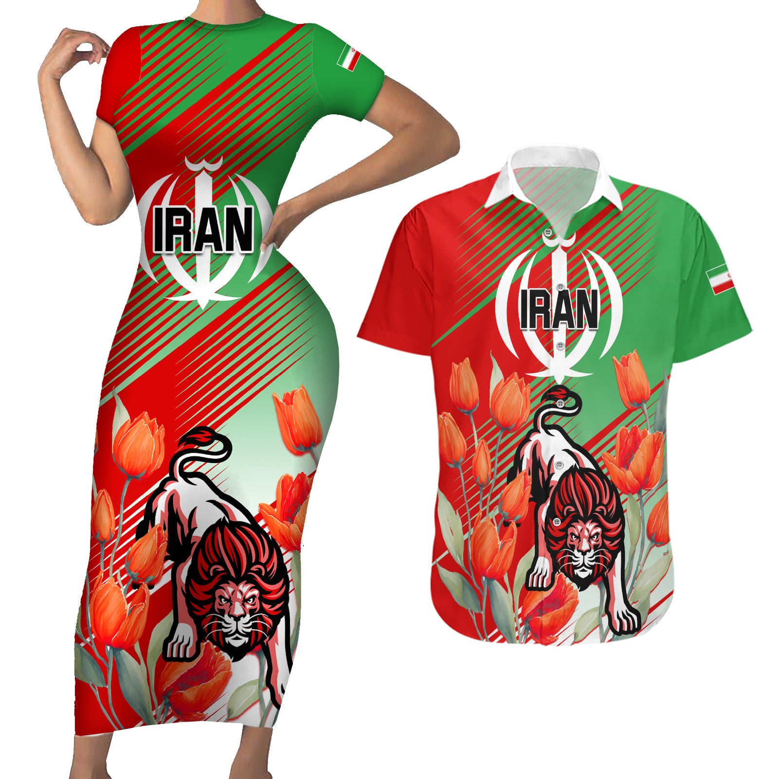 Iran Republic Day Couples Matching Short Sleeve Bodycon Dress and Hawaiian Shirt Asiatic Lion With Tulip Flower - Wonder Print Shop