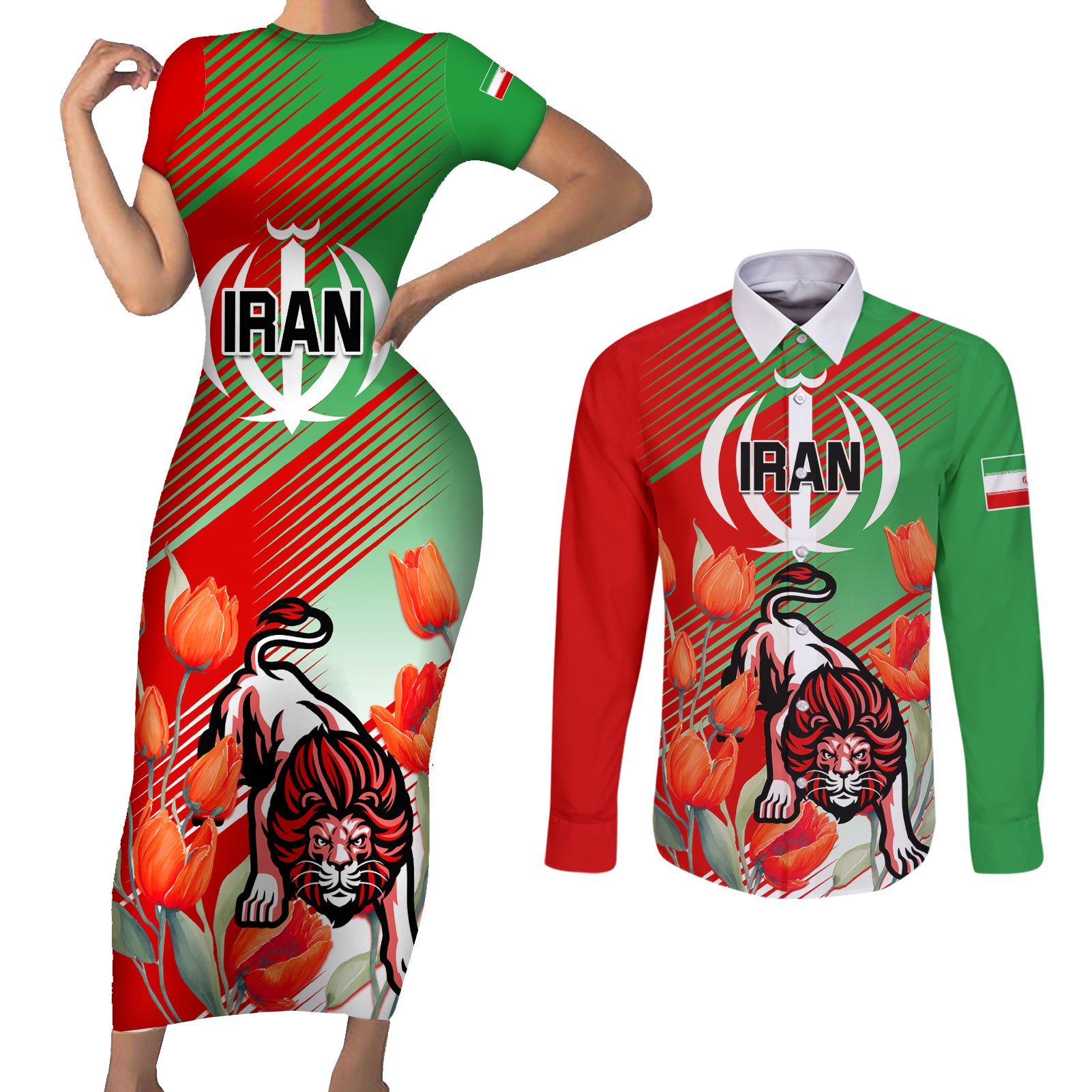 Iran Republic Day Couples Matching Short Sleeve Bodycon Dress and Long Sleeve Button Shirt Asiatic Lion With Tulip Flower - Wonder Print Shop