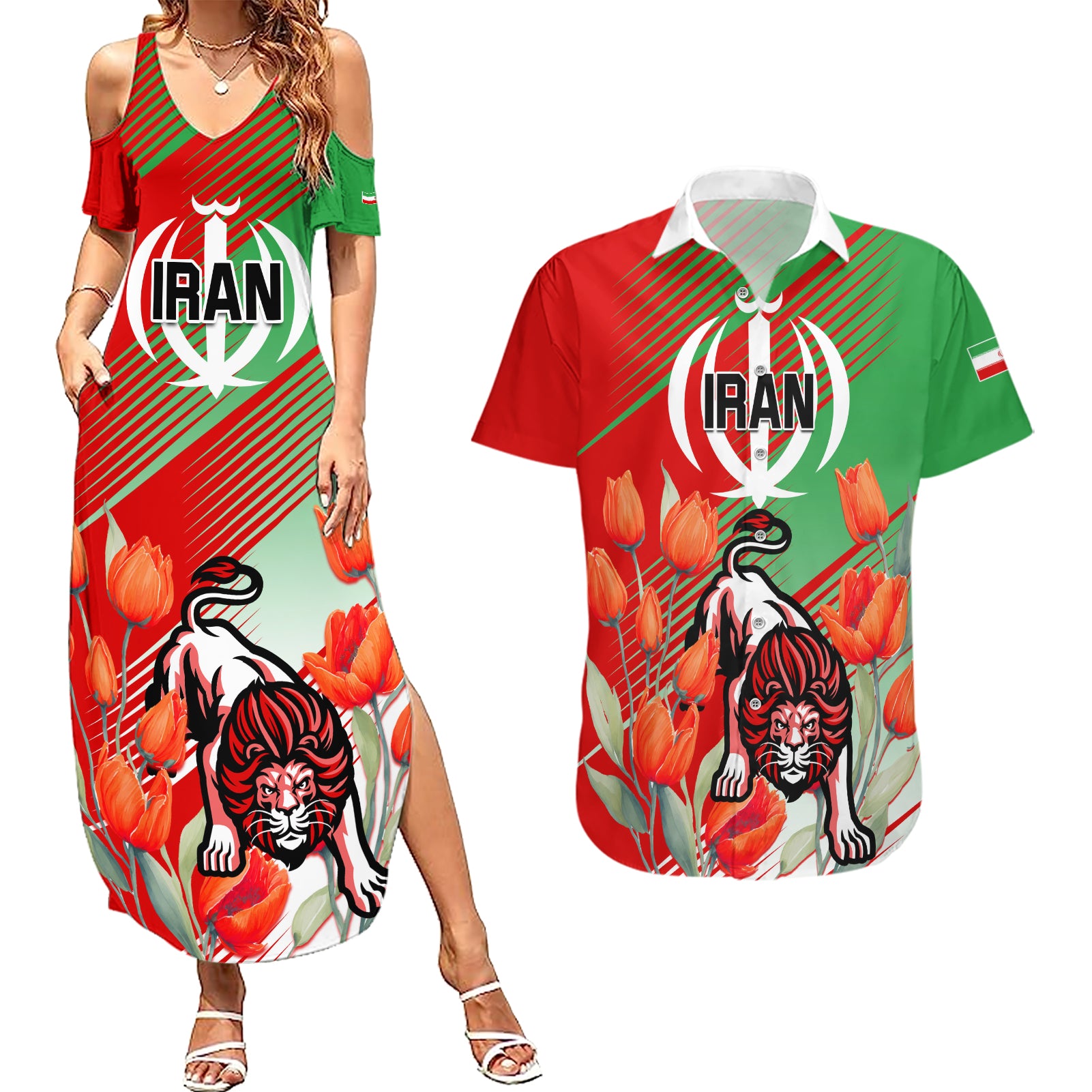 Iran Republic Day Couples Matching Summer Maxi Dress and Hawaiian Shirt Asiatic Lion With Tulip Flower - Wonder Print Shop