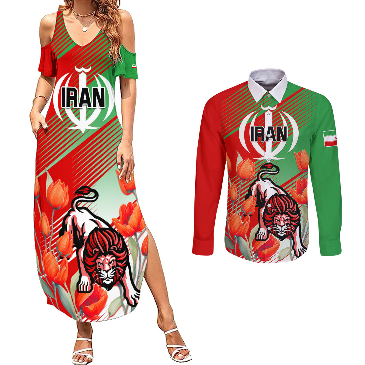 Iran Republic Day Couples Matching Summer Maxi Dress and Long Sleeve Button Shirt Asiatic Lion With Tulip Flower - Wonder Print Shop