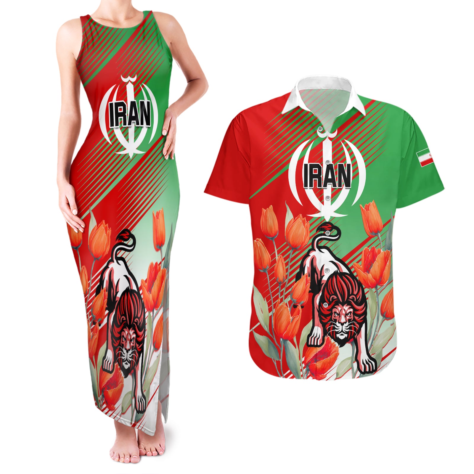 Iran Republic Day Couples Matching Tank Maxi Dress and Hawaiian Shirt Asiatic Lion With Tulip Flower - Wonder Print Shop