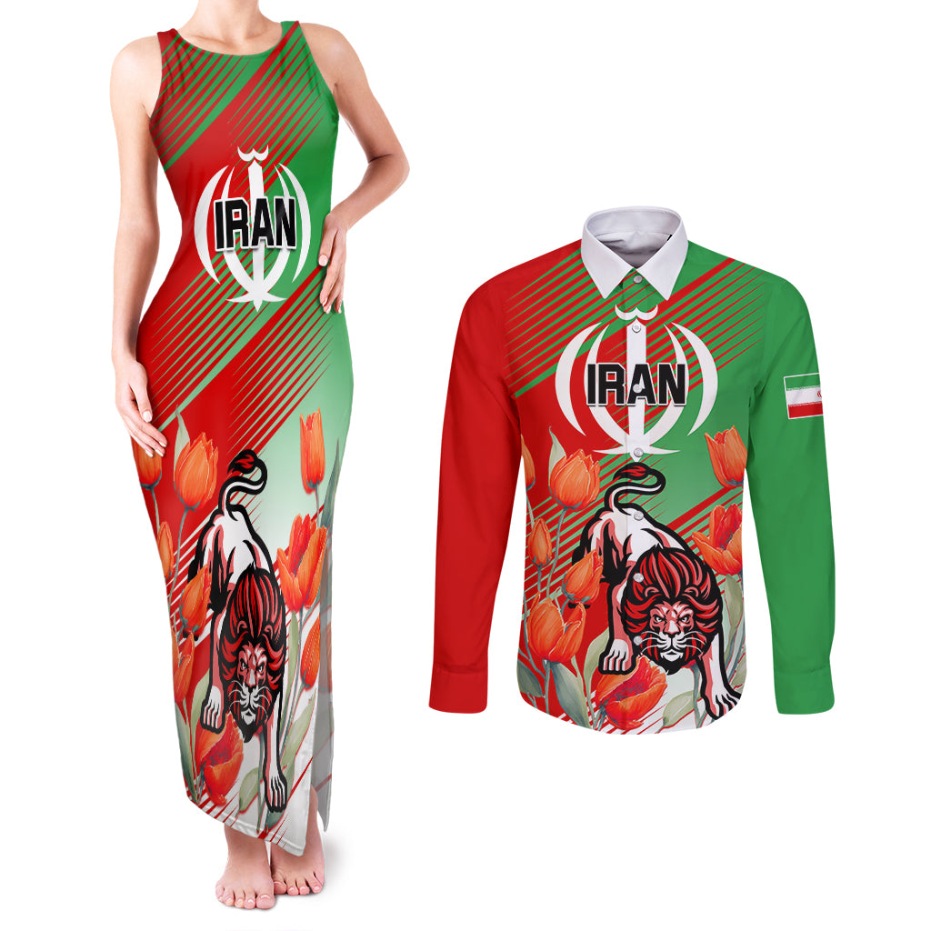 Iran Republic Day Couples Matching Tank Maxi Dress and Long Sleeve Button Shirt Asiatic Lion With Tulip Flower - Wonder Print Shop