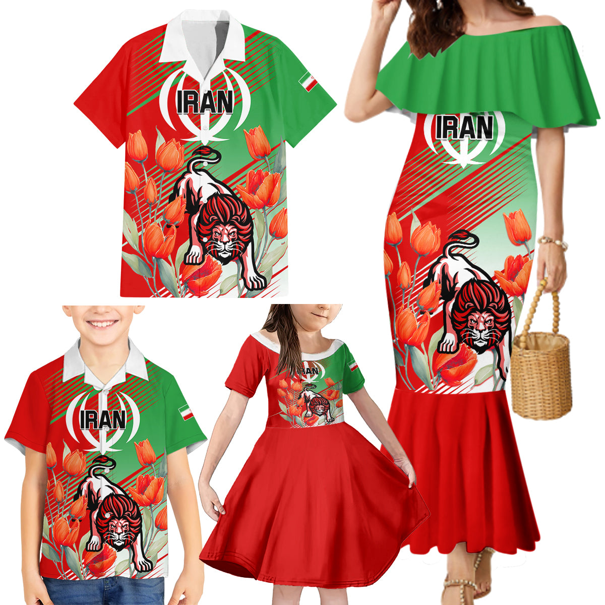 Iran Republic Day Family Matching Mermaid Dress and Hawaiian Shirt Asiatic Lion With Tulip Flower - Wonder Print Shop